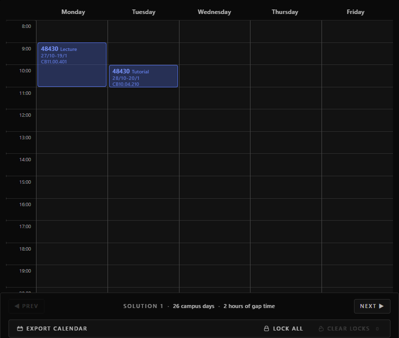 Animation showing a tutorial block being dragged to preview alternative tutorial times across the week