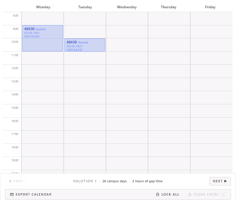 Animation showing a tutorial block being dragged to preview alternative tutorial times across the week