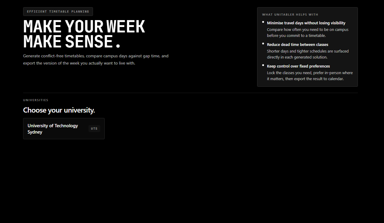 Unitabler home page showing the university selection grid