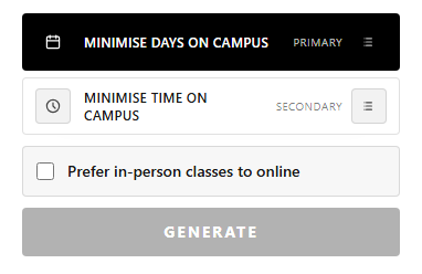 Optimisation controls showing the preference cards, in-person checkbox, and generate button
